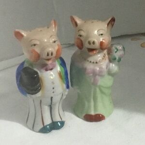 Vintage anthropomorphic bride and groom salt and pepper shakers with cork stops